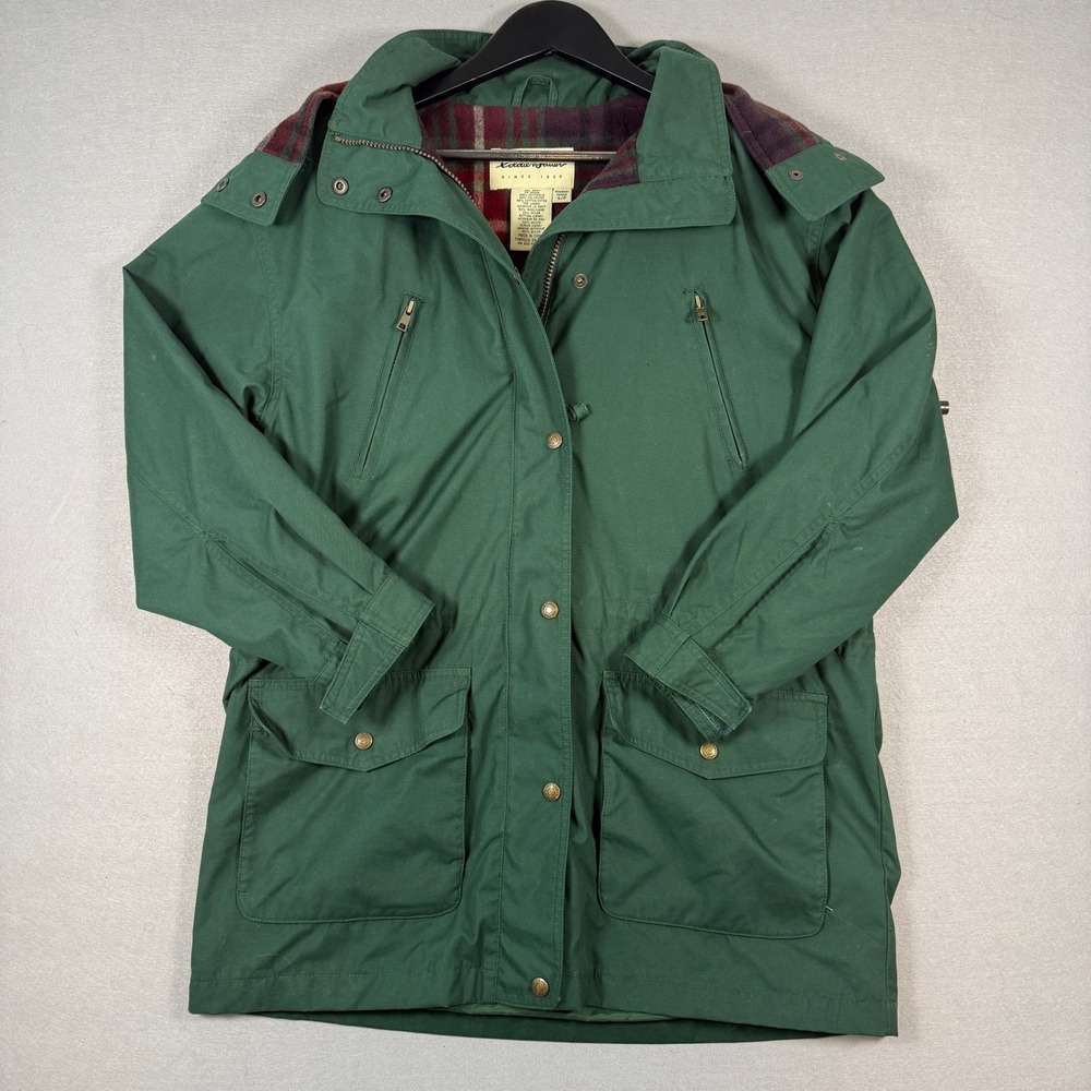 Vintage Eddie Bauer Parka Jacket Womens S Green Wool Plaid Lined Hooded Outdoor